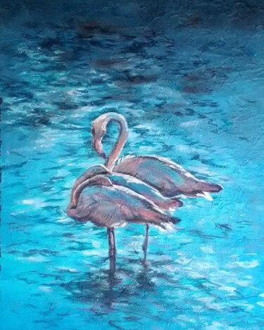 Malarstwo zatytułowany „Flamingos of Inhamb…” autorstwa Yvette Mey, Oryginalna praca, Olej Zamontowany na Karton