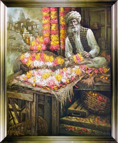 Painting titled "A Flower Seller" by Laxman Kumar Artist Delhi, Original Artwork, Oil