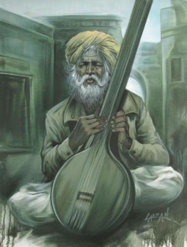Painting titled "Sarangi Player 03" by Laxman Kumar Artist Delhi, Original Artwork, Oil