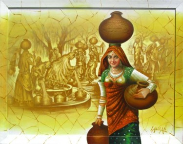 Painting titled "Panghat 02" by Laxman Kumar Artist Delhi, Original Artwork, Oil