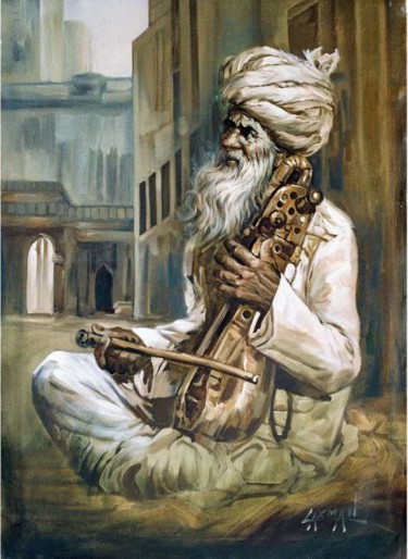 Painting titled "Sarangi Player 01" by Laxman Kumar Artist Delhi, Original Artwork, Oil