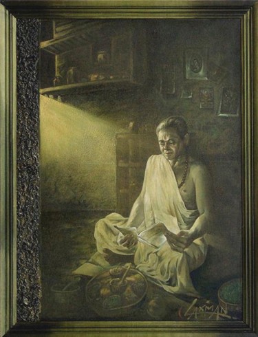 Painting titled "Priest's Morning" by Laxman Kumar Artist Delhi, Original Artwork, Oil