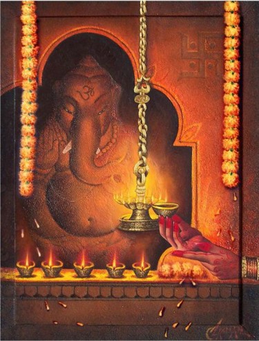 Painting titled "Buddhi ,Riddhi and…" by Laxman Kumar Artist Delhi, Original Artwork, Oil
