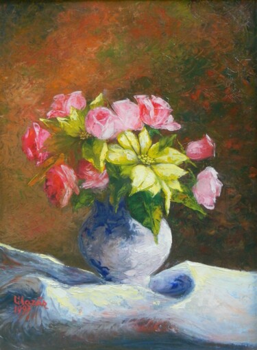 Painting titled "Fleurs" by Liliana Lazar, Original Artwork, Oil Mounted on Cardboard