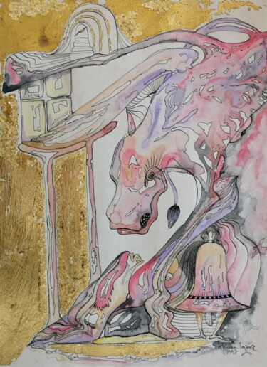 Peinture intitulée "Horse temple" par Liliana Lazar, Œuvre d'art originale, Gouache Monté sur Carton