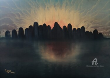 Painting titled "City at twilight" by Liliana Lazar, Original Artwork, Oil Mounted on Wood Stretcher frame