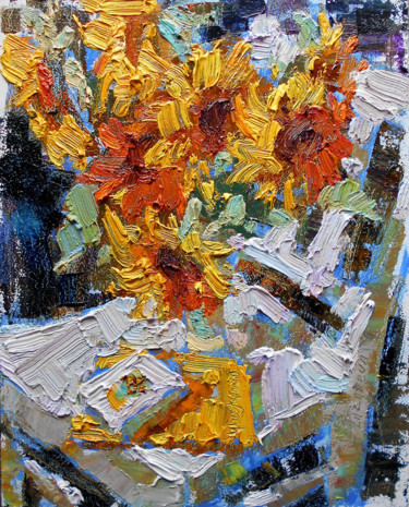 Painting titled "Sunflowers on a whi…" by Valerie Lazareva, Original Artwork, Oil