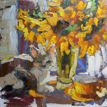 Painting titled "Gray kitten and sun…" by Valerie Lazareva, Original Artwork, Oil