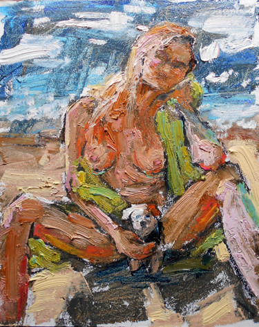Painting titled "Nude girl with a pu…" by Valerie Lazareva, Original Artwork, Oil