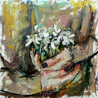 Painting titled "Snowdrops in hands" by Valerie Lazareva, Original Artwork, Oil