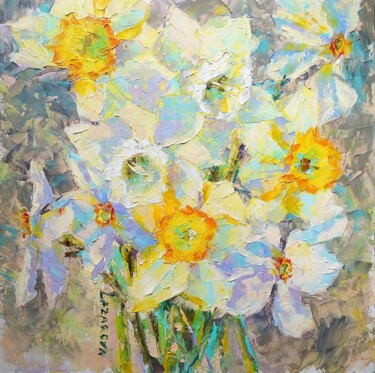 Schilderij getiteld "Daffodils on a gray…" door Valerie Lazareva, Origineel Kunstwerk, Olie