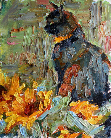 Malerei mit dem Titel "Black cat with sunf…" von Valerie Lazareva, Original-Kunstwerk, Öl