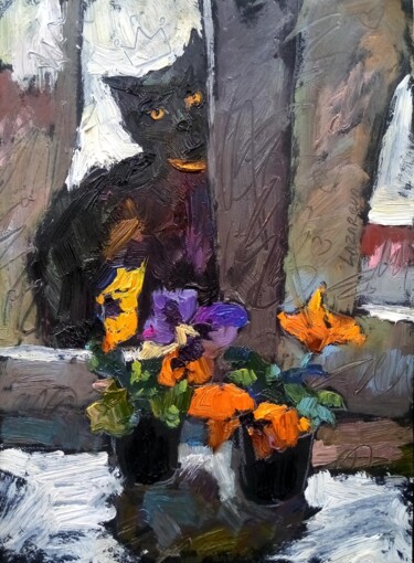 Peinture intitulée "Black cat & Pansies" par Valerie Lazareva, Œuvre d'art originale, Huile