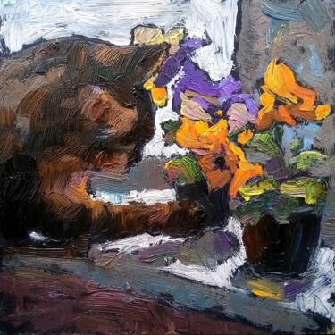 Painting titled "Cat with Pansies /2…" by Valerie Lazareva, Original Artwork, Oil