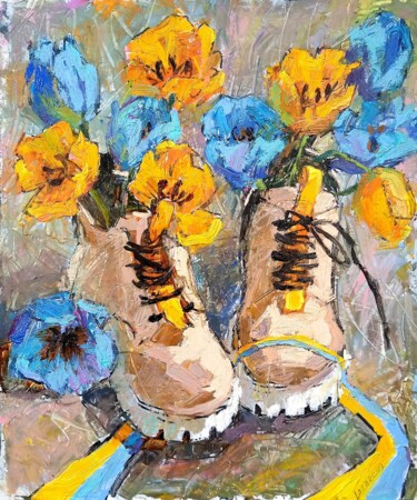 Malerei mit dem Titel "Boots with tulips" von Valerie Lazareva, Original-Kunstwerk, Öl