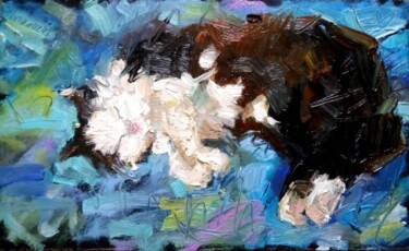 Painting titled "Cat Black & White" by Valerie Lazareva, Original Artwork, Oil