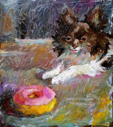 Картина под названием "Chihuahua with donut" - Valerie Lazareva, Подлинное произведение искусства, Масло
