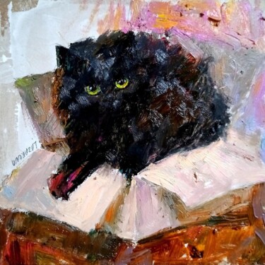 Painting titled "Black cat in a box" by Valerie Lazareva, Original Artwork, Oil