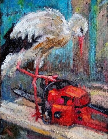 Painting titled "Stork/2022" by Valerie Lazareva, Original Artwork, Oil