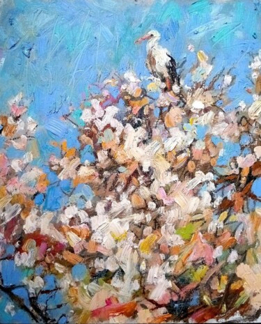 Malerei mit dem Titel "Stork on a flowerin…" von Valerie Lazareva, Original-Kunstwerk, Öl