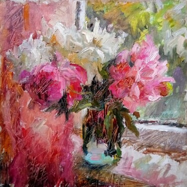 Pintura titulada "White and pink peon…" por Valerie Lazareva, Obra de arte original, Oleo