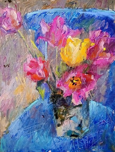 Painting titled "Tulips on a blue ch…" by Valerie Lazareva, Original Artwork, Oil