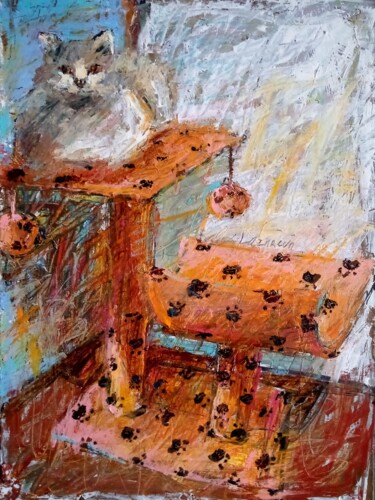 Painting titled "Grey cat/2020" by Valerie Lazareva, Original Artwork, Oil