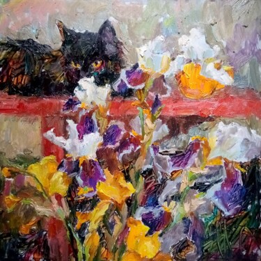 Peinture intitulée "Black cat & irises/…" par Valerie Lazareva, Œuvre d'art originale, Huile