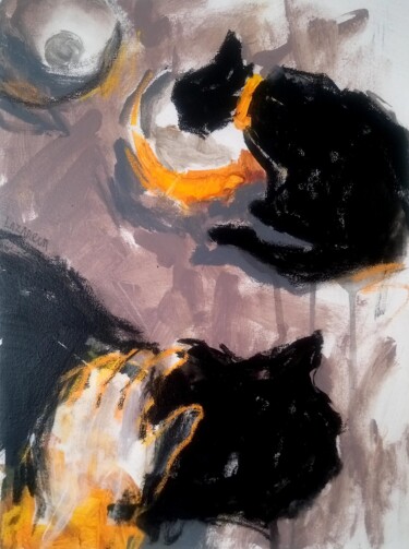 Painting titled "Black cats & yellow…" by Valerie Lazareva, Original Artwork, Acrylic