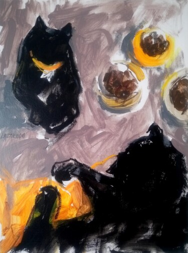 Painting titled "Black cats & yellow…" by Valerie Lazareva, Original Artwork, Acrylic