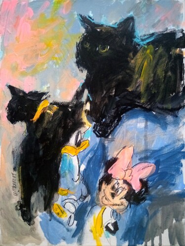 Schilderij getiteld "Black Cat & Minnie…" door Valerie Lazareva, Origineel Kunstwerk, Acryl