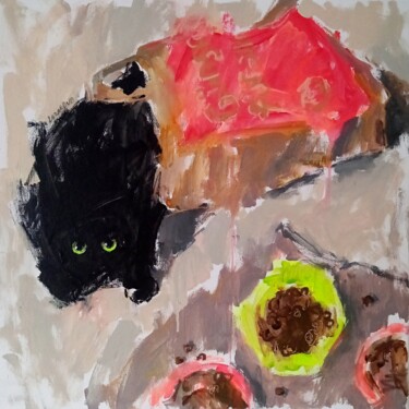 Painting titled "Black cat in a bag" by Valerie Lazareva, Original Artwork, Acrylic
