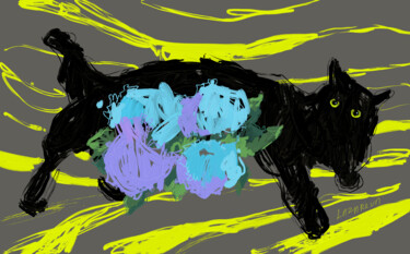 Arte digitale intitolato "Black cat with flow…" da Valerie Lazareva, Opera d'arte originale, Pittura digitale