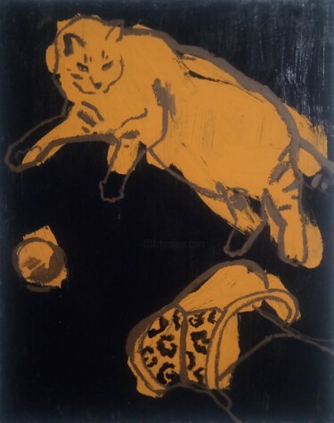 Painting titled "Tiger cat on a blac…" by Valerie Lazareva, Original Artwork, Acrylic