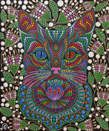Картина под названием "Cat" - Oxana Lazari, Подлинное произведение искусства, Акрил Установлен на Деревянная рама для носилок