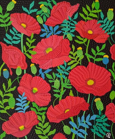 Картина под названием "Red Poppies" - Oxana Lazari, Подлинное произведение искусства, Акрил Установлен на Деревянная рама дл…