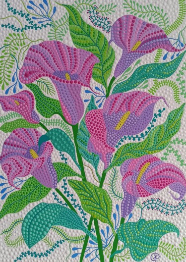 Картина под названием "Bouquet of lilies" - Oxana Lazari, Подлинное произведение искусства, Акрил Установлен на Деревянная р…
