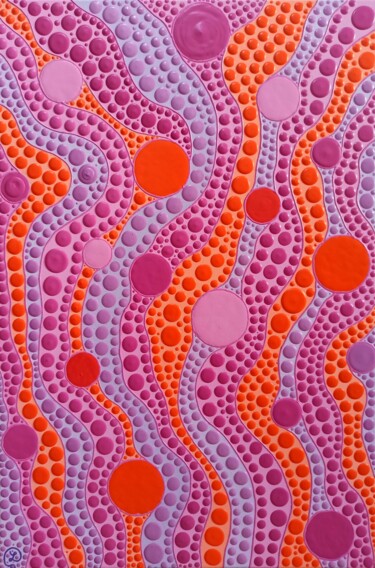 Painting titled "Pink Dotscape" by Oxana Lazari, Original Artwork, Acrylic Mounted on Wood Stretcher frame