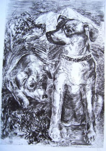 Printmaking titled "Dogs" by Murataely, Original Artwork, Etching