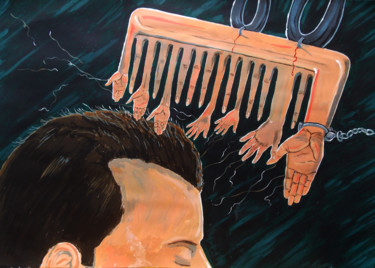 Malerei mit dem Titel "Comb social reactio…" von Lazaro Hurtado, Original-Kunstwerk, Acryl