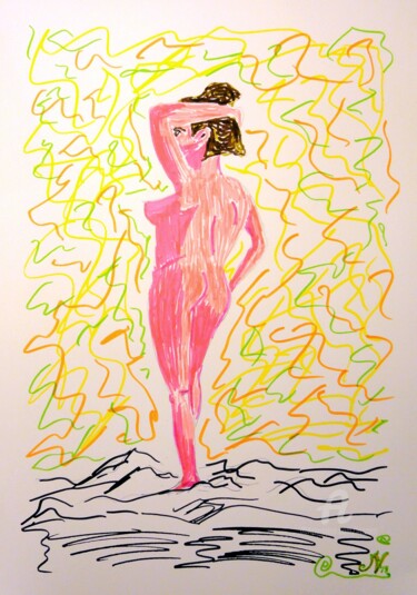 Dessin intitulée "La Donna che Guarda" par Aurelio Nicolazzo, Œuvre d'art originale, Marqueur