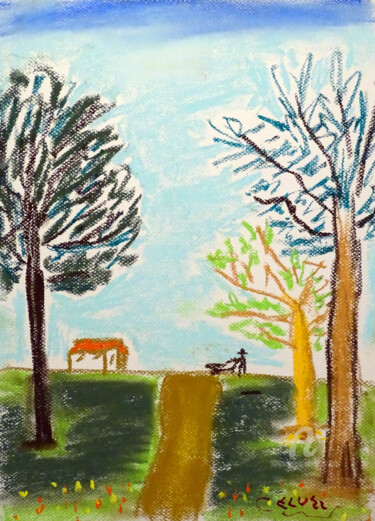 Tekening getiteld "Campagne imaginaire" door Aurelio Nicolazzo, Origineel Kunstwerk, Pastel