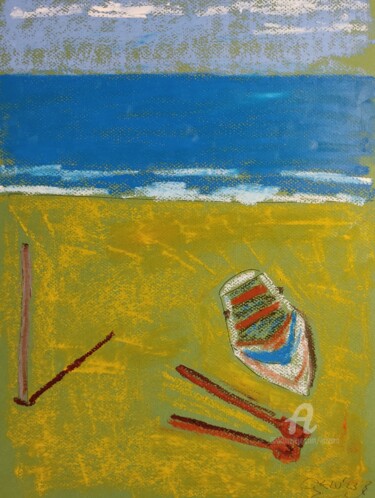 Drawing titled "Barca sulla spiaggia" by Aurelio Nicolazzo, Original Artwork, Pastel
