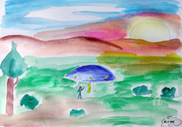 Pintura intitulada "The Flying saucer o…" por Aurelio Nicolazzo, Obras de arte originais, Aquarela