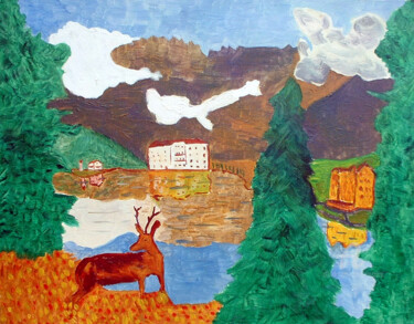 Peinture intitulée "Cerbiatto al Lago" par Aurelio Nicolazzo, Œuvre d'art originale, Huile