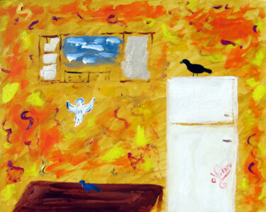 Painting titled "Uccelli in Cucina" by Aurelio Nicolazzo, Original Artwork, Oil