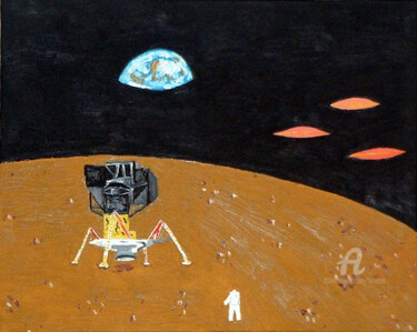 Painting titled "Ufo sulla Luna" by Aurelio Nicolazzo, Original Artwork, Oil
