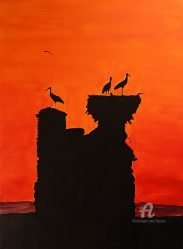 Pittura intitolato "Tramonto con Torre…" da Aurelio Nicolazzo, Opera d'arte originale, Acrilico