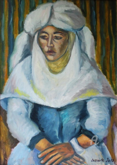 Painting titled "LA FEMME KAZAKHE" by Lazzate Maral, Original Artwork, Oil Mounted on Wood Stretcher frame