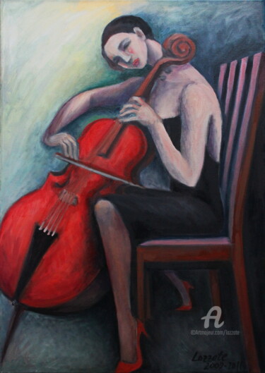 Painting titled "VIOLONCELLE" by Lazzate Maral, Original Artwork, Oil Mounted on Wood Stretcher frame